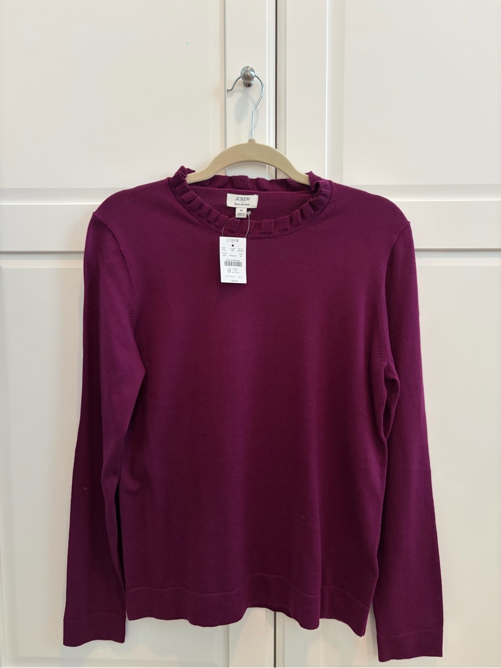 J. Crew Long-Sleeve Ruffle-Trim Sweater in Deep Plum